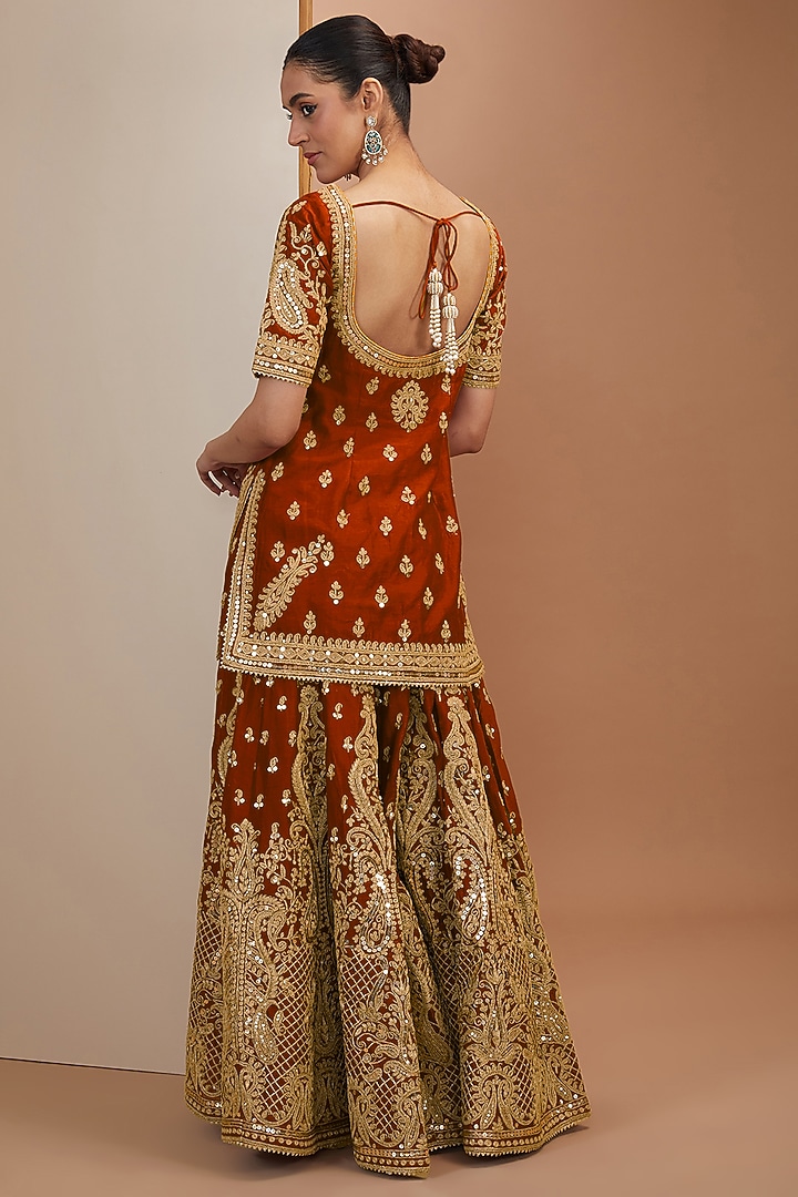 Burnt Orange Silk Chanderi Sitara Embroidered Bridal Sharara Set by Sheetal Batra at Pernia's Pop Up Shop