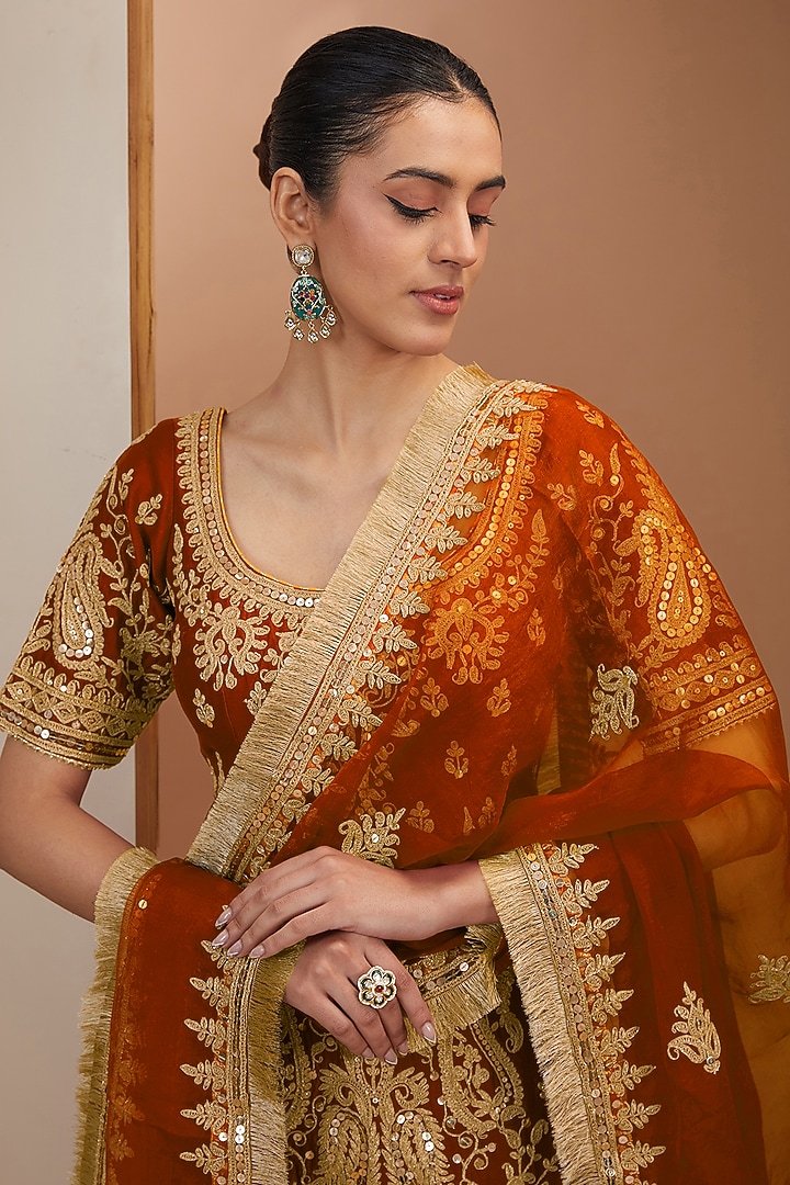 Burnt Orange Silk Chanderi Sitara Embroidered Bridal Sharara Set by Sheetal Batra at Pernia's Pop Up Shop