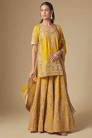 Mustard Silk Chanderi Kashmiri Embroidered Sharara Set by Sheetal Batra