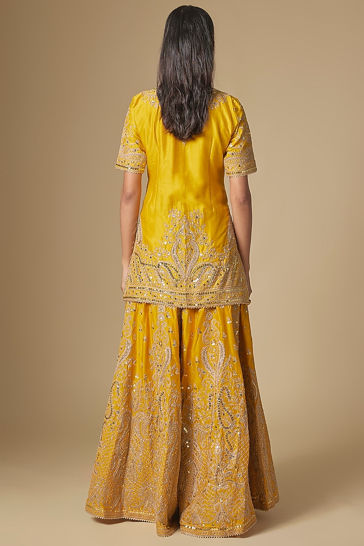 Mustard Silk Chanderi Kashmiri Embroidered Bridal Sharara Set by Sheetal Batra at Pernia's Pop Up Shop