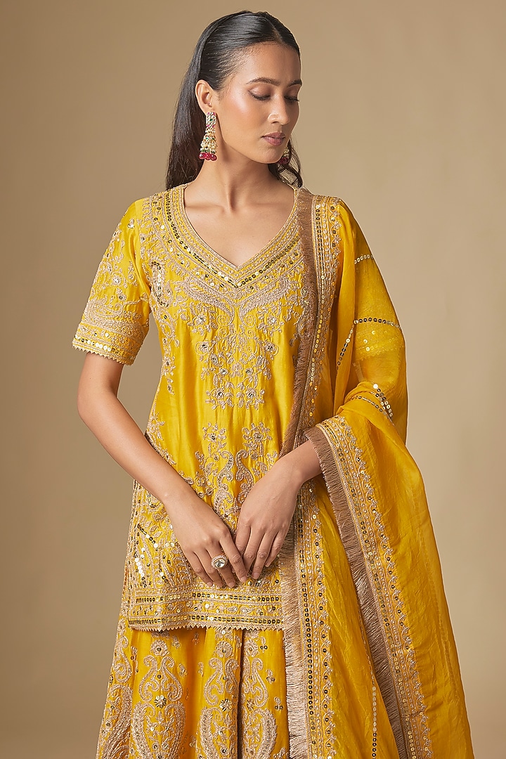 Mustard Silk Chanderi Kashmiri Embroidered Bridal Sharara Set by Sheetal Batra at Pernia's Pop Up Shop