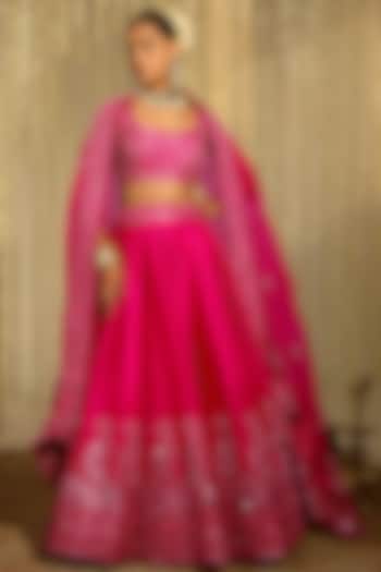 Hot Pink Pure Raw Silk Sitara Embroidered Bridal Lehenga Set by Sheetal Batra at Pernia's Pop Up Shop
