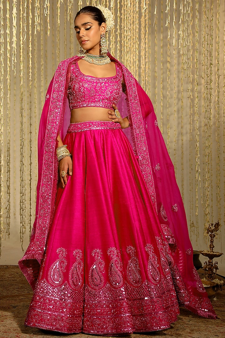 Hot Pink Pure Raw Silk Sitara Embroidered Bridal Lehenga Set by Sheetal Batra at Pernia's Pop Up Shop