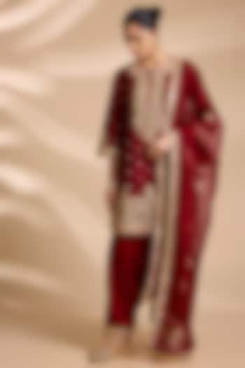 Red Pure Silk Banarasi Sequin Embroidered Kurta Set by Sheetal Batra at Pernia's Pop Up Shop