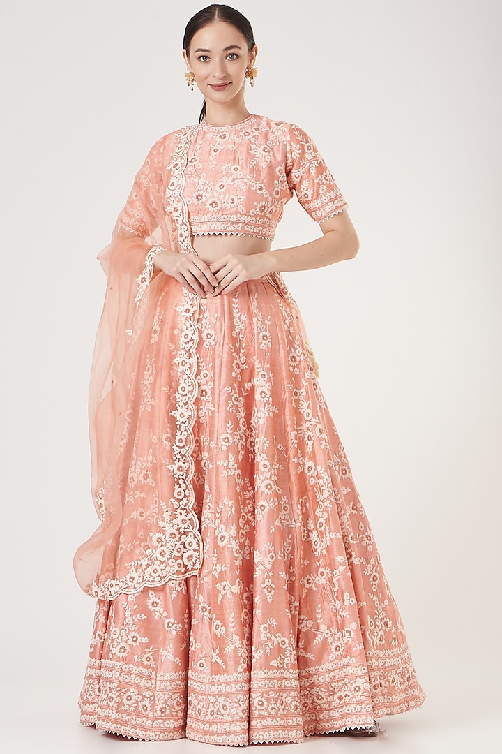 Peach Embroidered Lehenga Set by Sheetal Batra