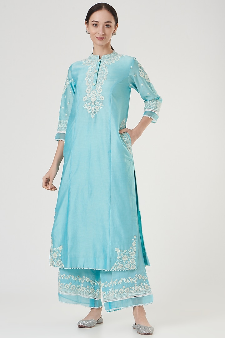 Blue Silk Chanderi Kurta Set by Sheetal Batra at Pernia's Pop Up Shop