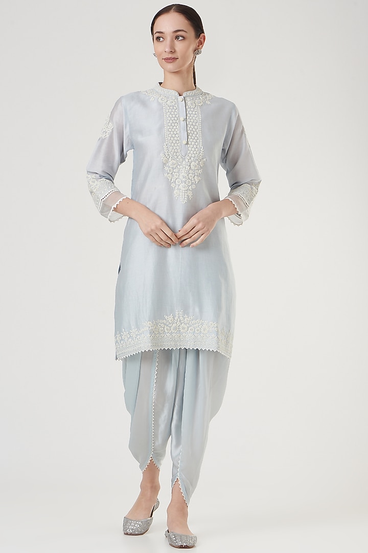 Sky Blue Silk Chanderi Embroidered Kurta Set by Sheetal Batra at Pernia's Pop Up Shop