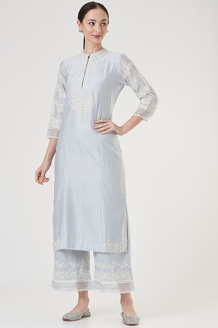 Sky Blue Embroidered Princess-Cut Kurta Set by Sheetal Batra at Pernia's Pop Up Shop