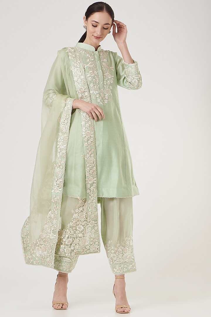 Mint Green Silk Chanderi Kurta Set by Sheetal Batra at Pernia's Pop Up Shop
