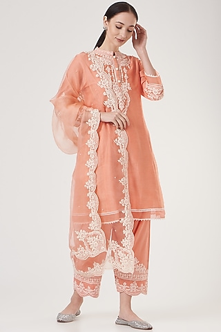 Peach Embroidered Silk Chanderi Kurta Set by Sheetal Batra