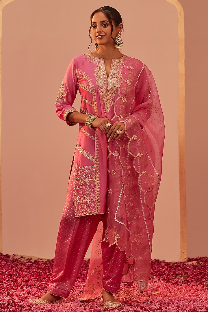Flamingo Pink Silk Chanderi Printed & Embroidered Kurta Set by Sheetal Batra