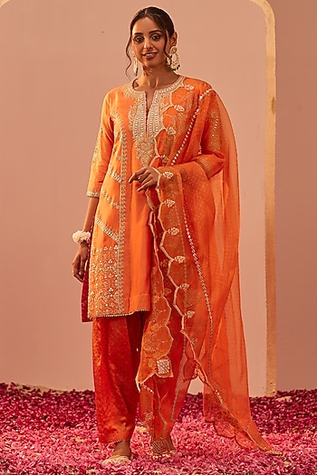 Tangerine Orange Silk Chanderi Printed & Embroidered Kurta Set by Sheetal Batra at Pernia's Pop Up Shop