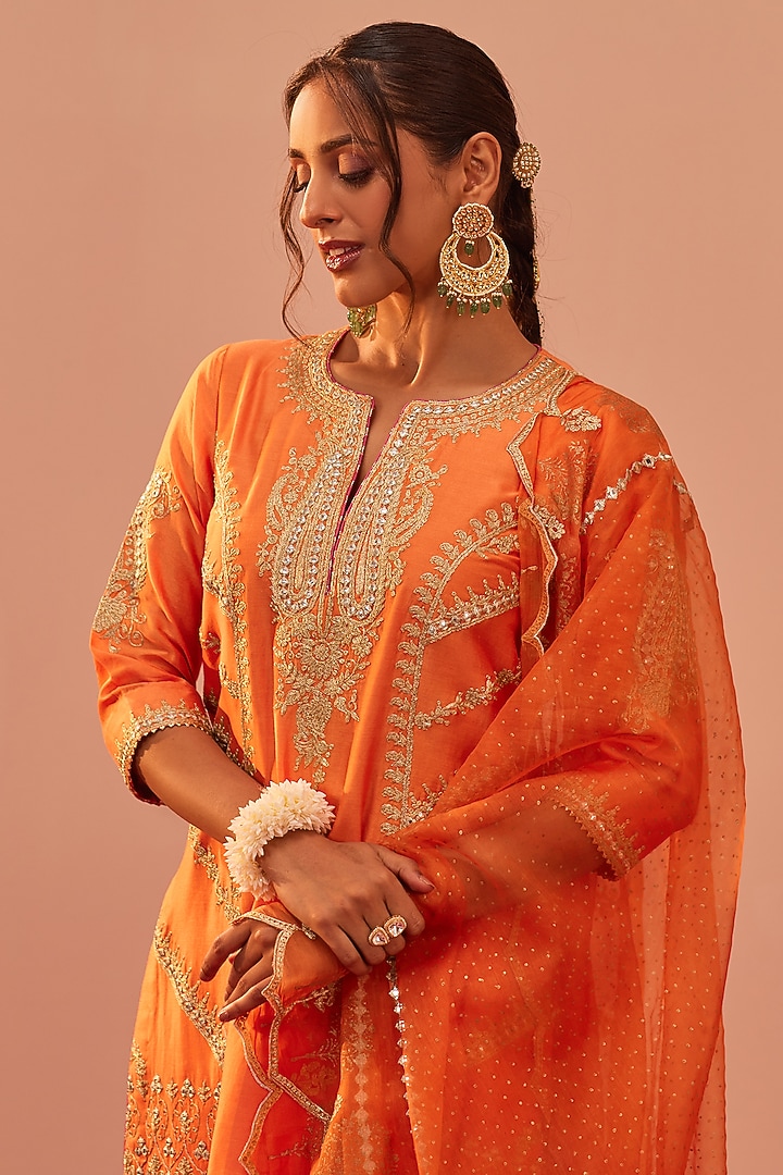 Tangerine Orange Silk Chanderi Printed & Embroidered Kurta Set by Sheetal Batra at Pernia's Pop Up Shop