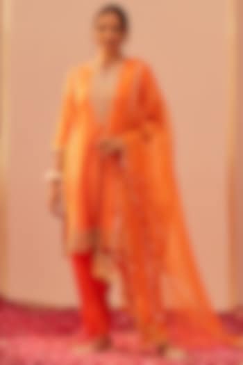 Tangerine Orange Silk Chanderi & Banarasi Embroidered Kurta Set by Sheetal Batra