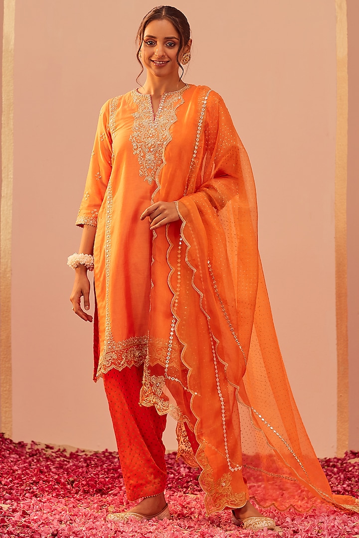 Tangerine Orange Silk Chanderi & Banarasi Embroidered Kurta Set by Sheetal Batra