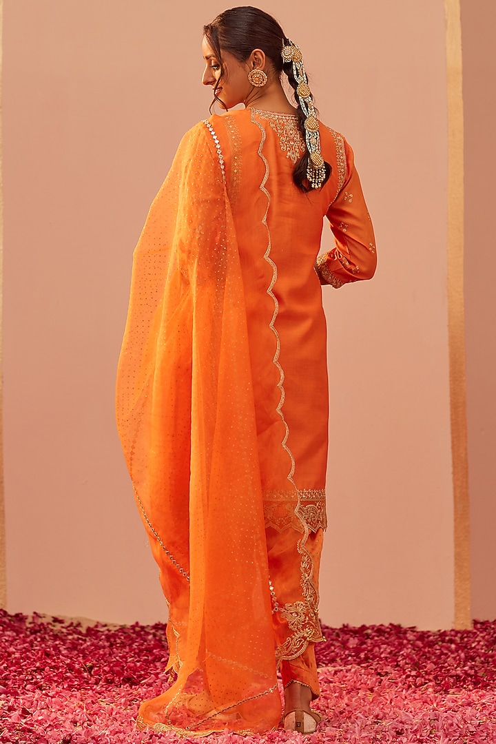 Tangerine Orange Silk Chanderi & Banarasi Embroidered Kurta Set by Sheetal Batra at Pernia's Pop Up Shop