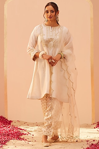 Daisy Ivory Silk Chanderi & Banarasi Embroidered Choga Kurta Set by Sheetal Batra