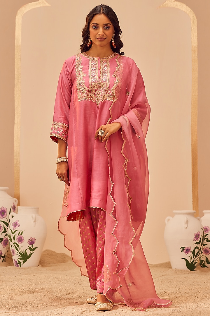 Flamingo Pink Silk Chanderi & Banarasi Embroidered Choga Kurta Set by Sheetal Batra