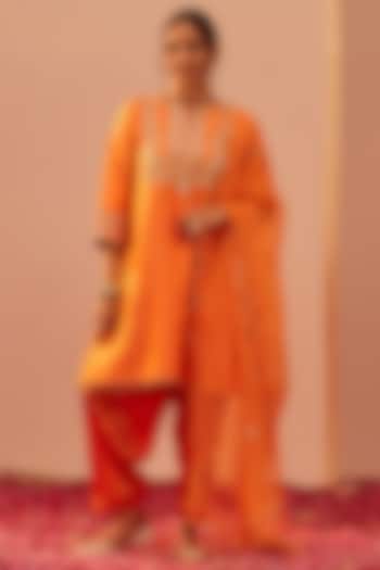 Tangerine Orange Silk Chanderi & Banarasi Embroidered Choga Kurta Set by Sheetal Batra