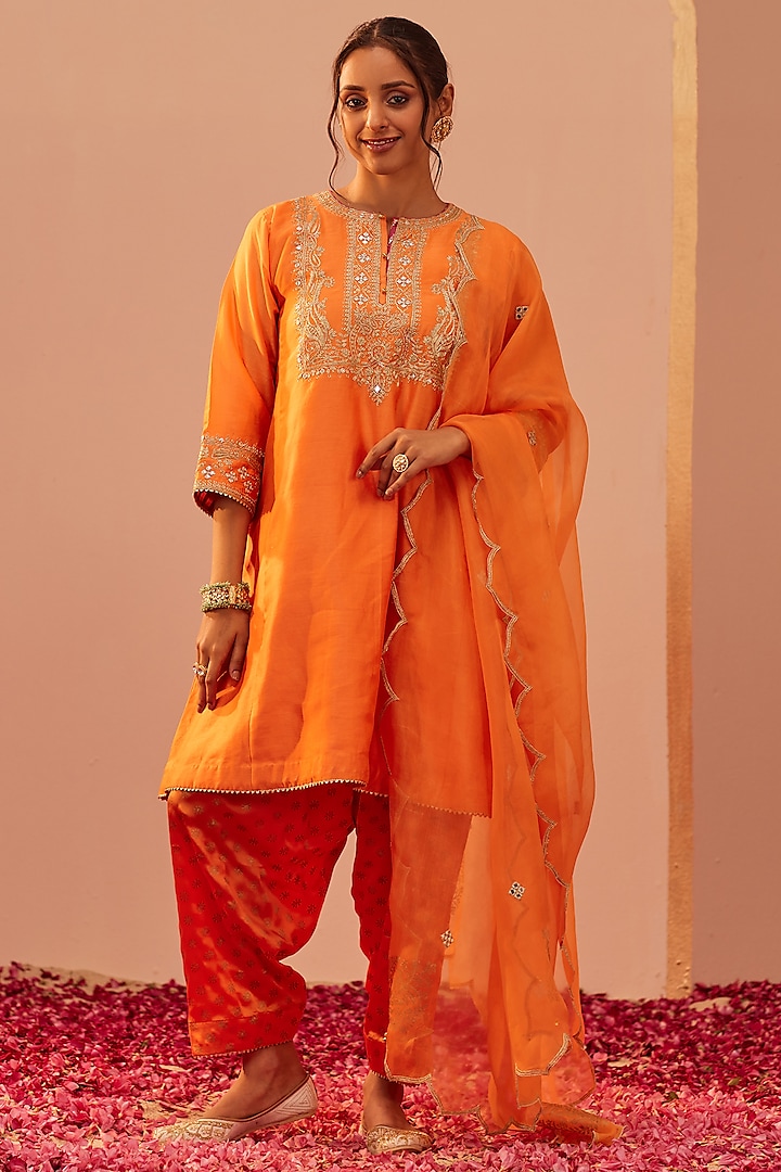 Tangerine Orange Silk Chanderi & Banarasi Embroidered Choga Kurta Set by Sheetal Batra