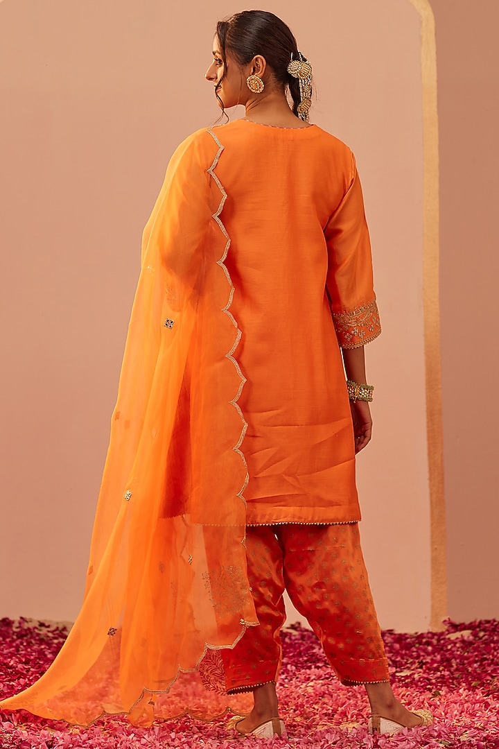 Tangerine Orange Silk Chanderi & Banarasi Embroidered Choga Kurta Set by Sheetal Batra at Pernia's Pop Up Shop
