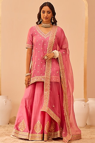 Flamingo Pink Silk Chanderi & Banarasi Embroidered Kurta Set by Sheetal Batra
