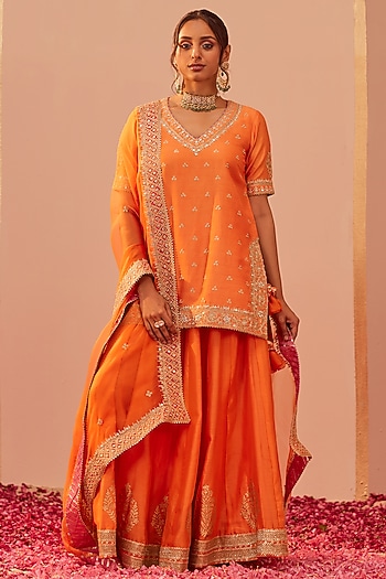 Tangerine Orange Silk Chanderi & Banarasi Embroidered Kurta Set by Sheetal Batra at Pernia's Pop Up Shop