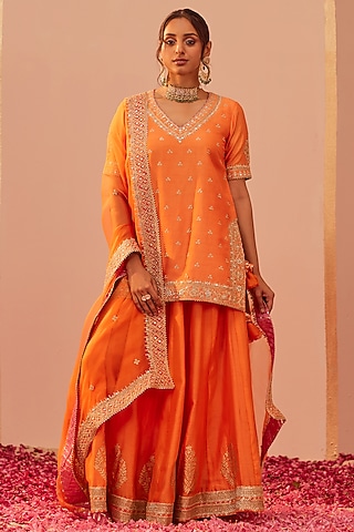 Tangerine Orange Silk Chanderi & Banarasi Embroidered Kurta Set by Sheetal Batra