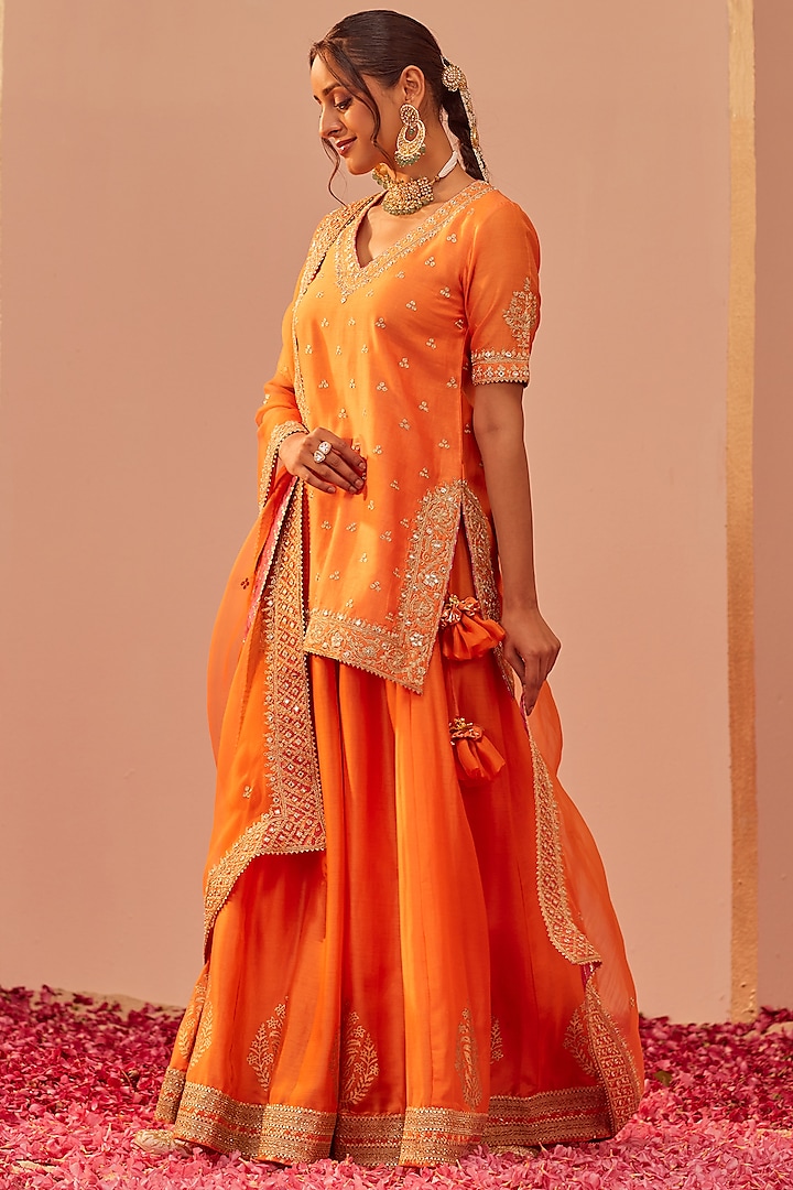 Tangerine Orange Silk Chanderi & Banarasi Embroidered Kurta Set by Sheetal Batra at Pernia's Pop Up Shop