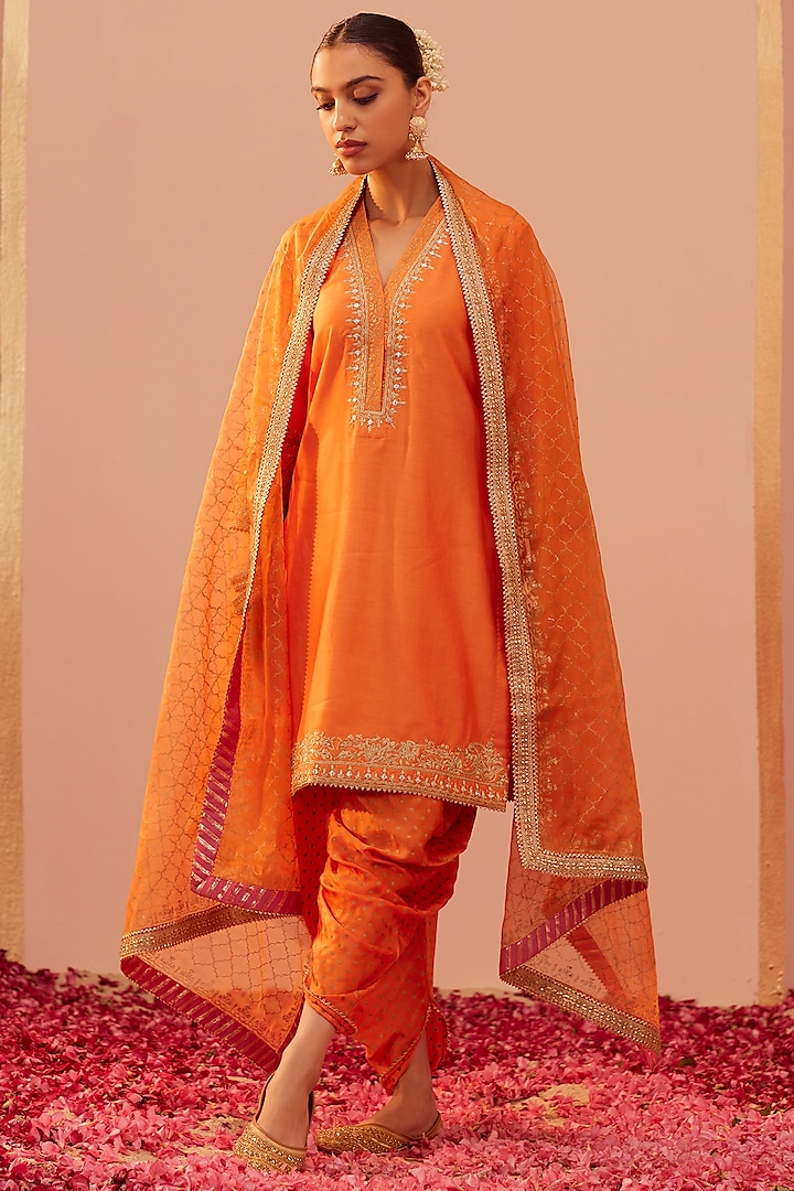 Tangerine Orange Silk Chanderi Printed & Embroidered Kurta Set by Sheetal Batra