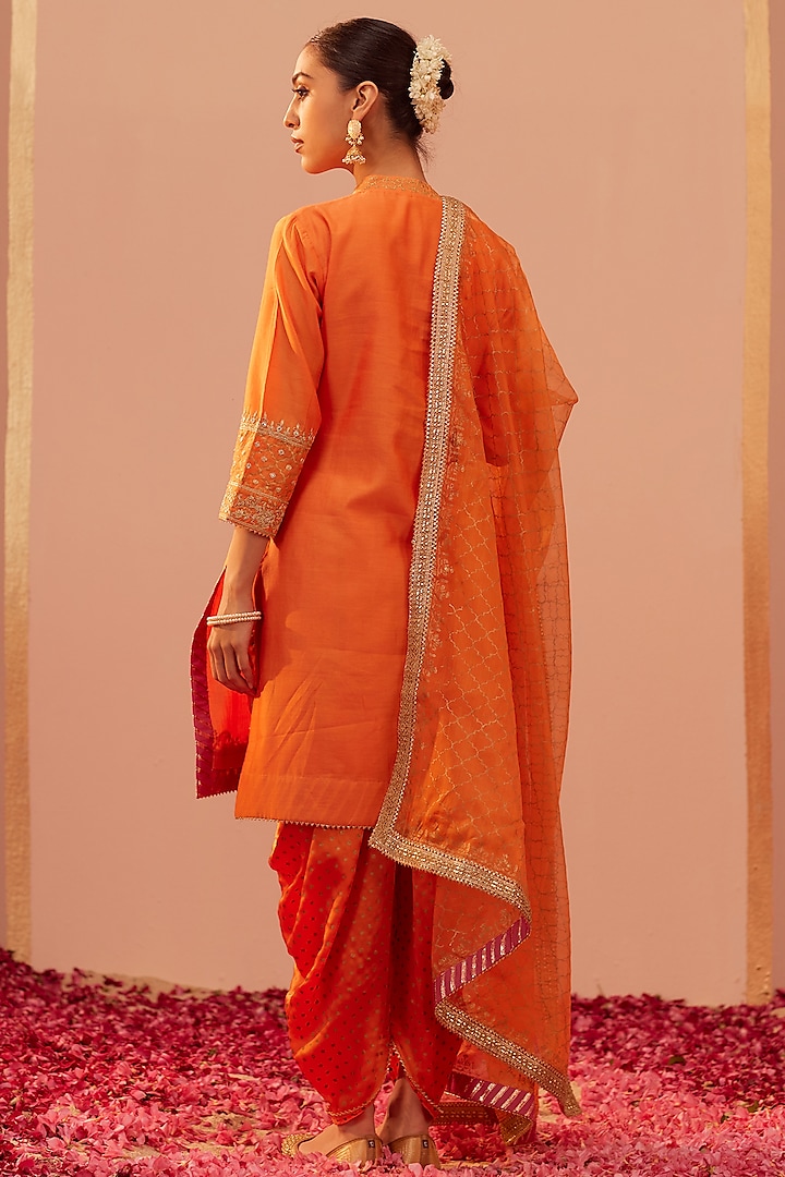 Tangerine Orange Silk Chanderi Printed & Embroidered Kurta Set by Sheetal Batra at Pernia's Pop Up Shop