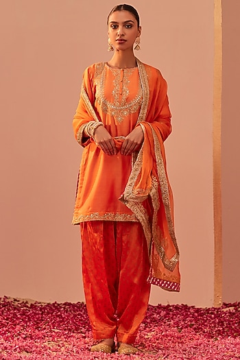 Tangerine Orange Silk Chanderi Printed & Embroidered Kurta Set by Sheetal Batra at Pernia's Pop Up Shop