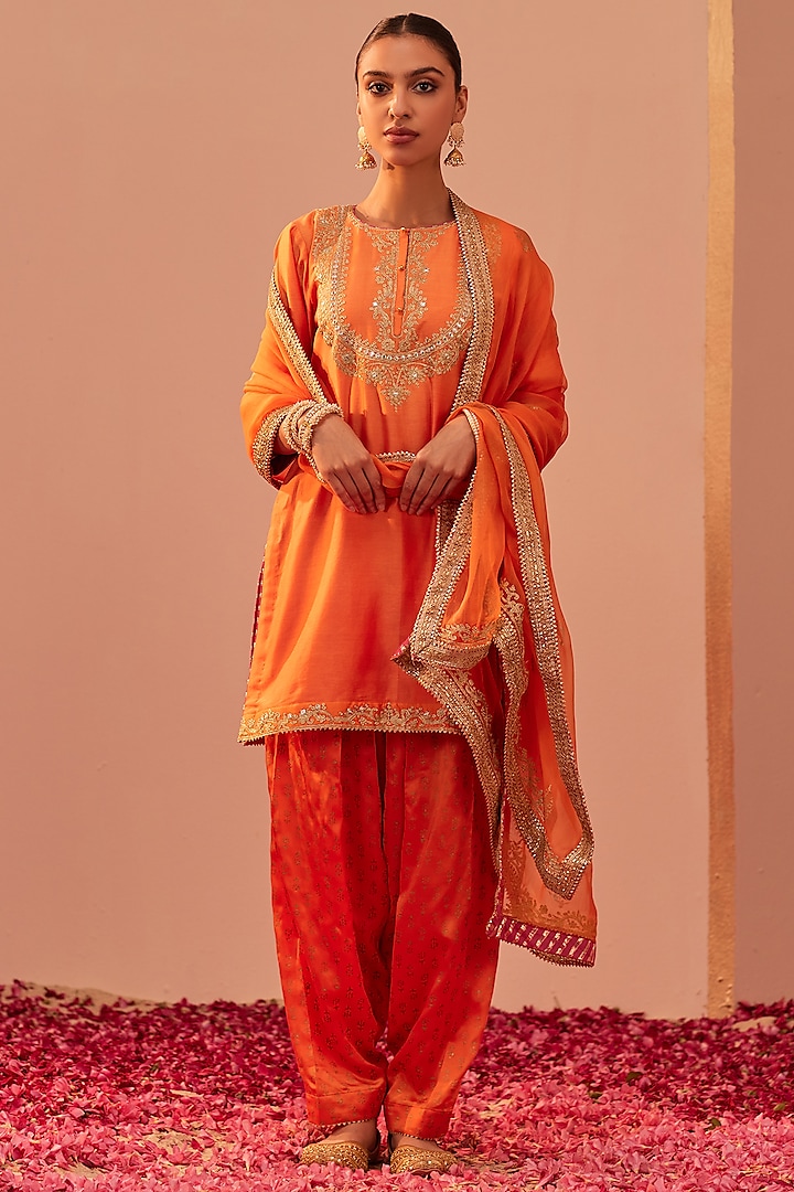 Tangerine Orange Silk Chanderi Printed & Embroidered Kurta Set by Sheetal Batra
