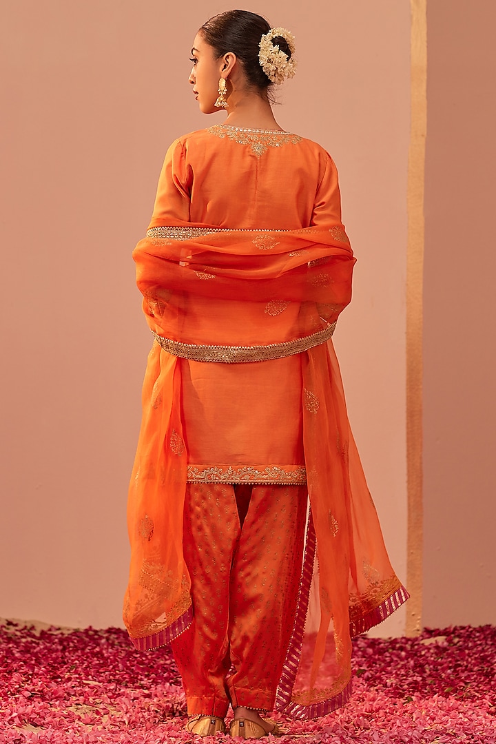 Tangerine Orange Silk Chanderi Printed & Embroidered Kurta Set by ...