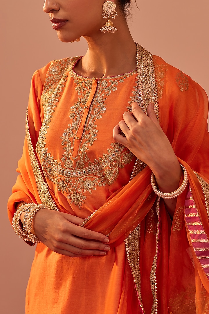 Orange Self Design Chanderi Silk Kurta Set