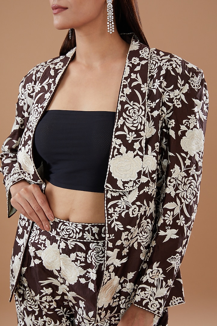 Brown Pure Silk Embroidered Coat Set by Sheetal Batra at Pernia's Pop Up Shop