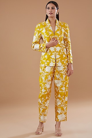 Mustard Pure Silk Embroidered Coat Set by Sheetal Batra