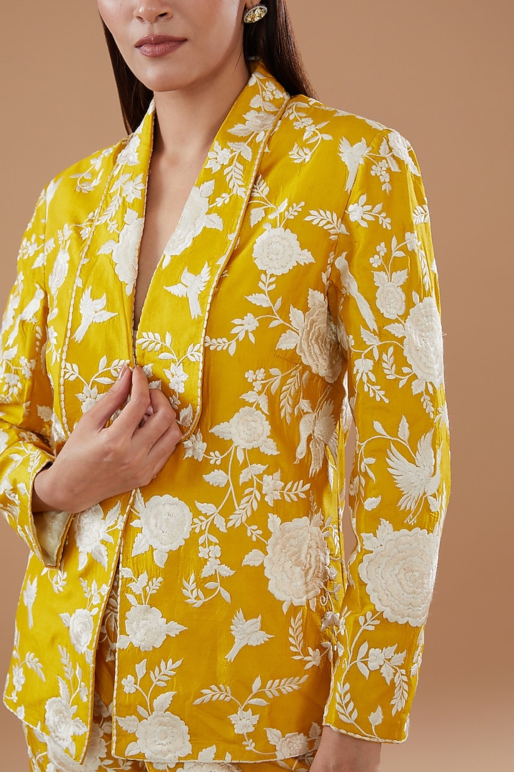 Mustard Pure Silk Embroidered Coat Set by Sheetal Batra at Pernia's Pop Up Shop
