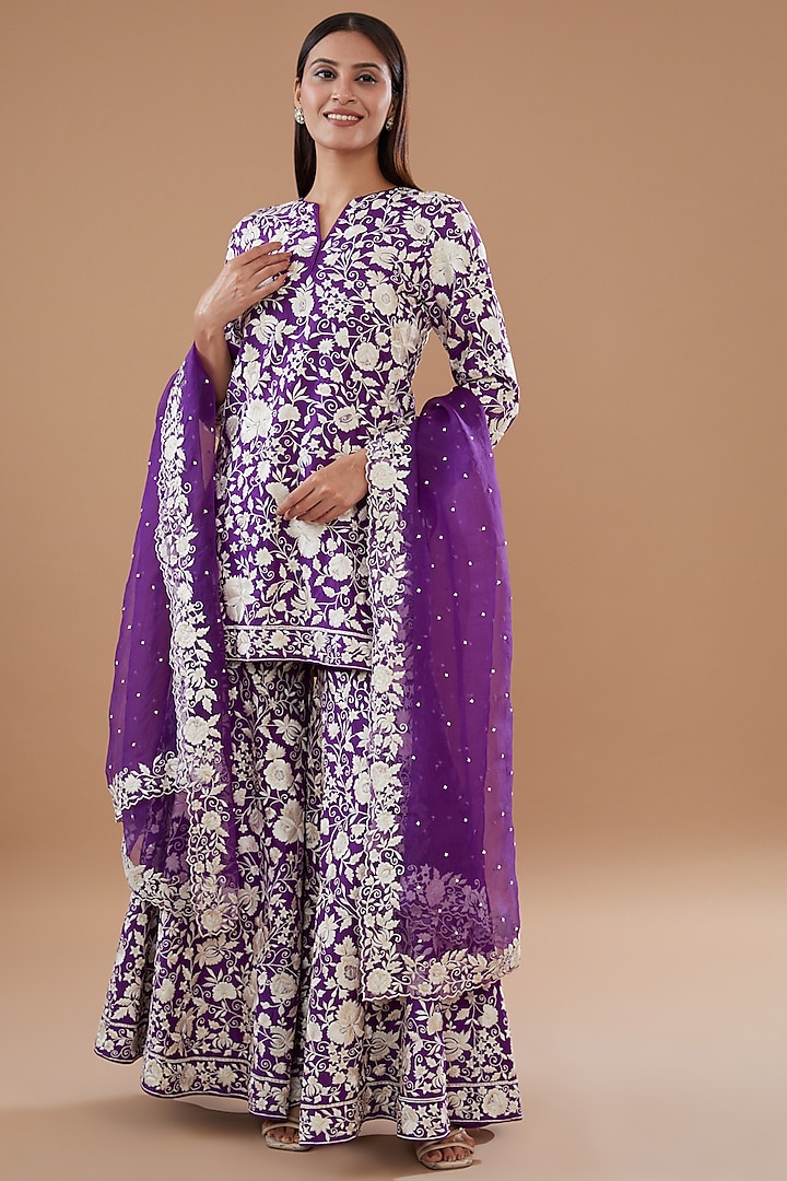 Purple Pure Chanderi Silk Embroidered Pleated Gharara Set by Sheetal Batra at Pernia's Pop Up Shop