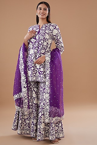 Purple Pure Chanderi Silk Embroidered Pleated Gharara Set by Sheetal Batra