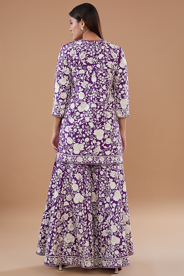 Purple Pure Chanderi Silk Embroidered Pleated Gharara Set by Sheetal Batra at Pernia's Pop Up Shop