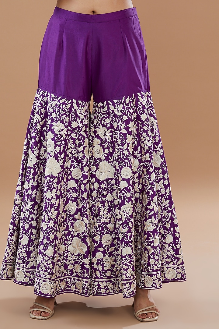Purple Pure Chanderi Silk Embroidered Pleated Gharara Set by Sheetal Batra at Pernia's Pop Up Shop