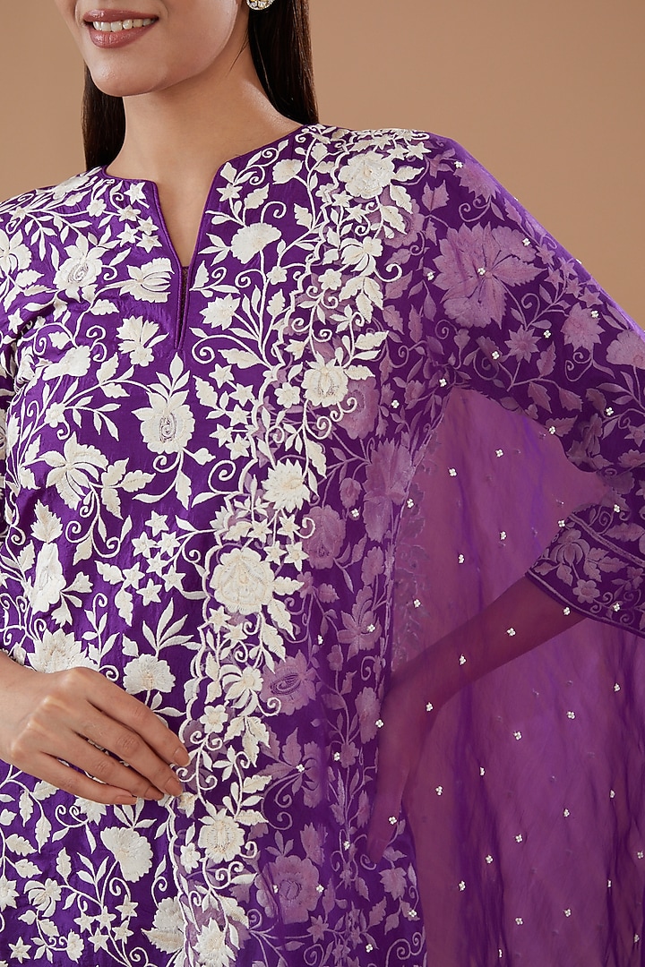 Purple Pure Chanderi Silk Embroidered Pleated Gharara Set by Sheetal Batra at Pernia's Pop Up Shop