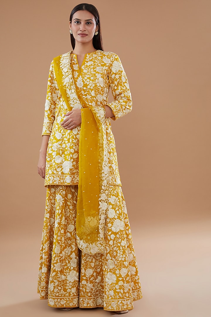 Mustard Pure Chanderi Silk Embroidered Pleated Gharara Set by Sheetal Batra at Pernia's Pop Up Shop