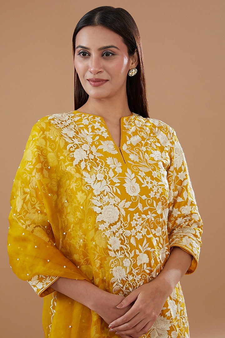 Mustard Pure Chanderi Silk Embroidered Pleated Gharara Set by Sheetal Batra at Pernia's Pop Up Shop