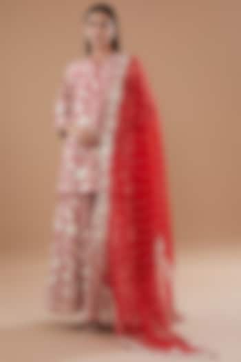 Red Pure Chanderi Silk Embroidered Pleated Gharara Set by Sheetal Batra at Pernia's Pop Up Shop