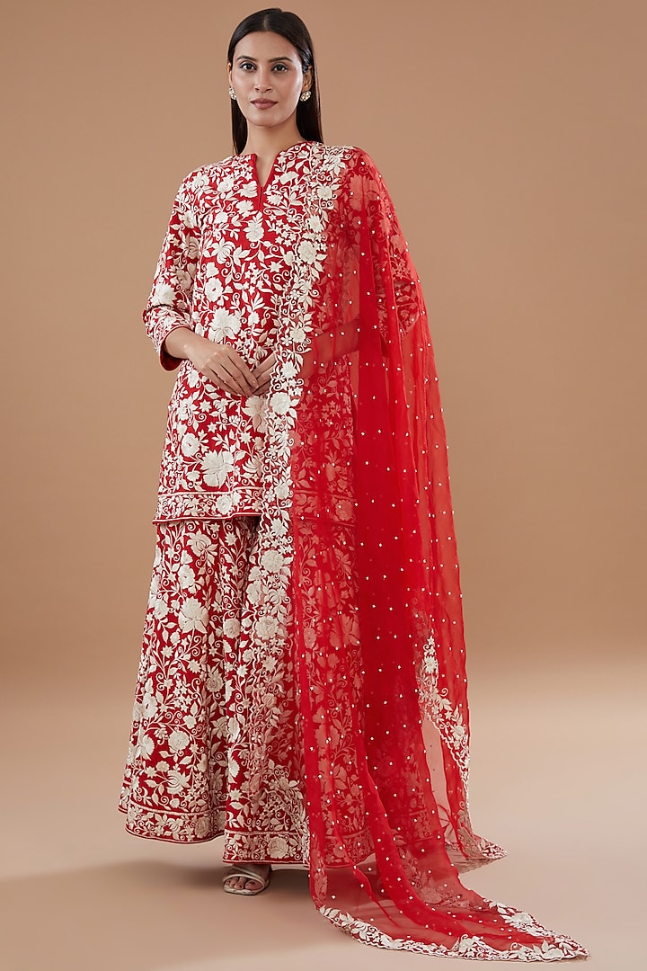 Red Pure Chanderi Silk Embroidered Pleated Gharara Set by Sheetal Batra at Pernia's Pop Up Shop