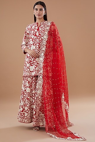 Red Pure Chanderi Silk Embroidered Pleated Gharara Set by Sheetal Batra