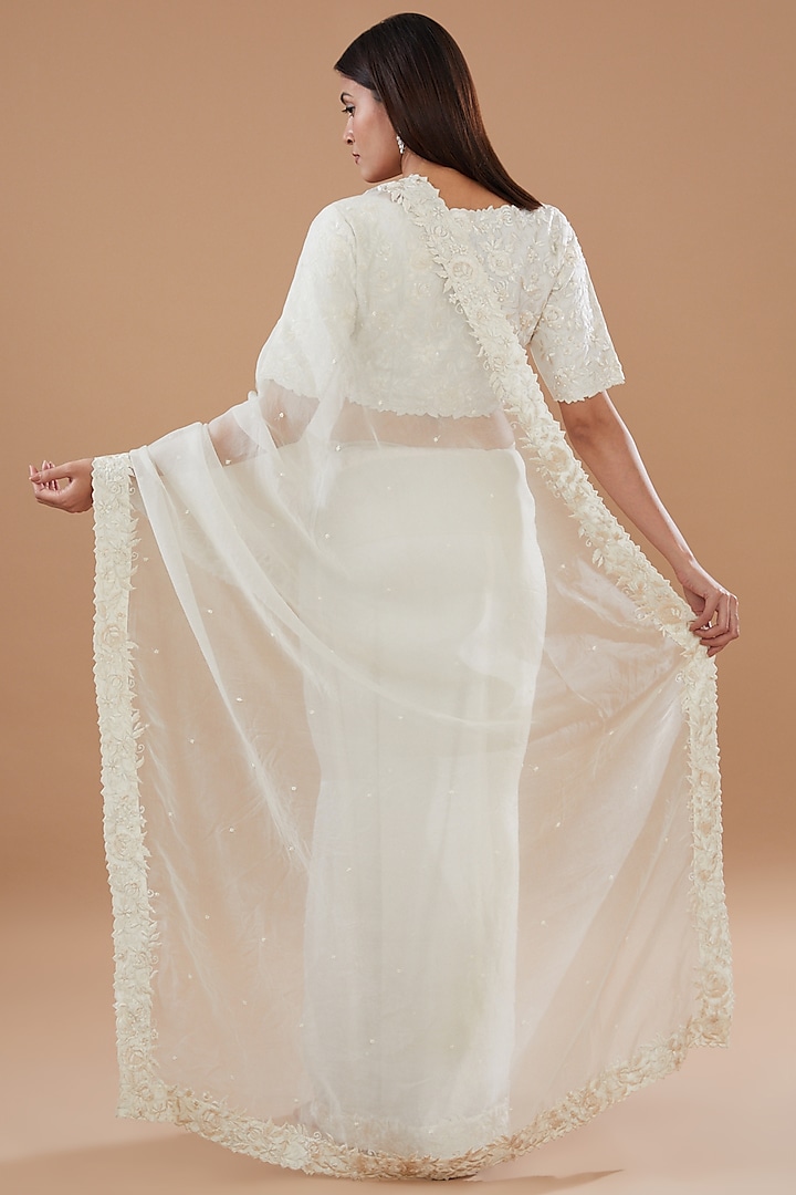 Ivory Organza Resham & Pearl Embroidered Wedding Saree Set by Sheetal Batra at Pernia's Pop Up Shop