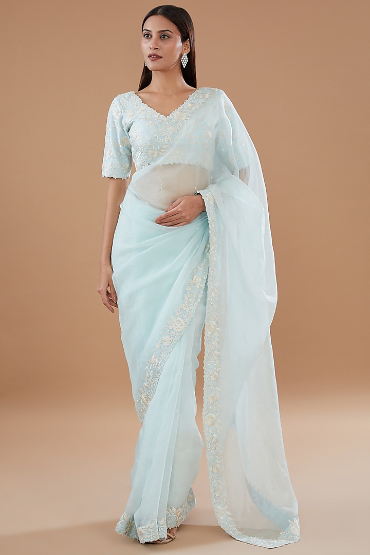 Aqua Blue Organza Pearl & Sequins Embroidered Saree Set by Sheetal Batra